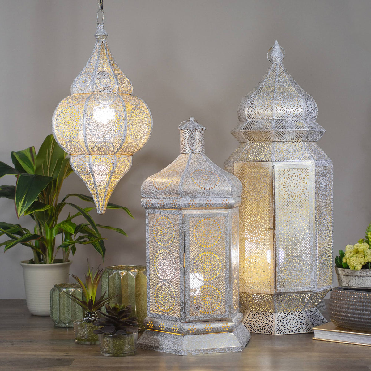Distressed White and Gold Moroccan Cut-Out Floor Lantern Lamp I267