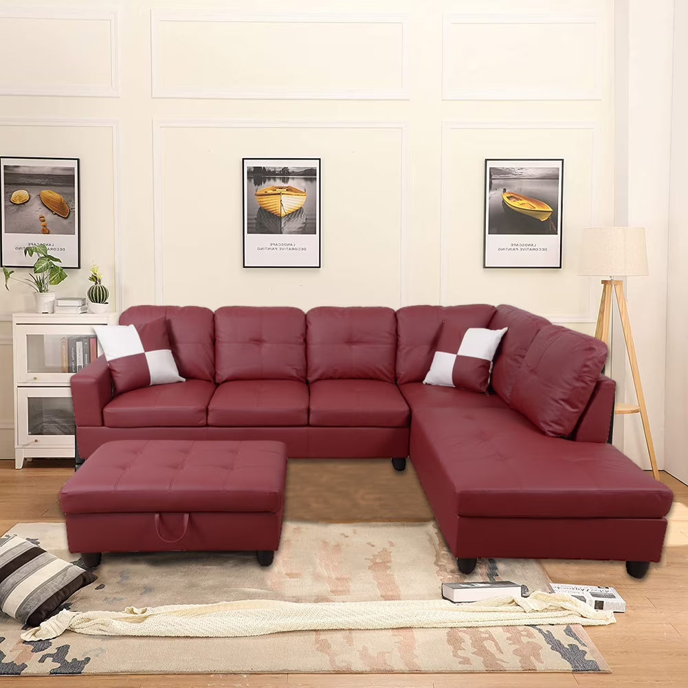 Red Faux Leather Sofa & Chaise with Ottoman A554
