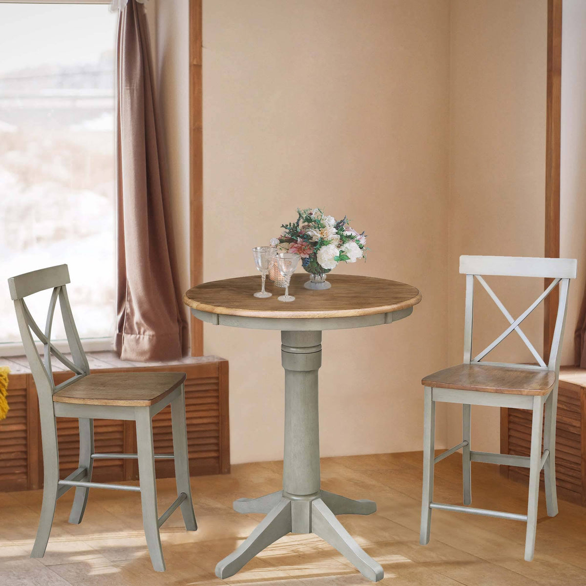 30 in. Round Pedestal Gathering Table with 2 Counter Height Stools Hickory F90491