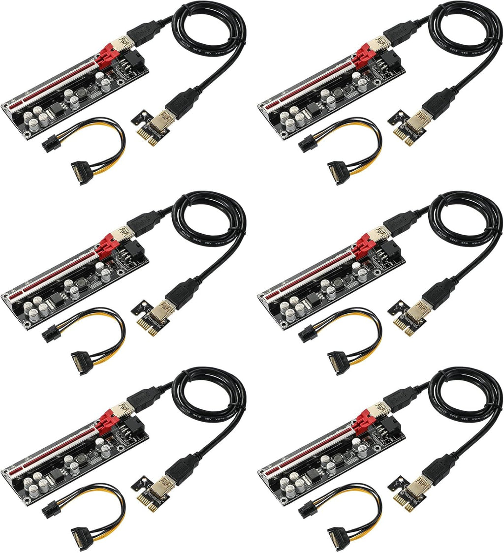 Red 6 PCS PCI-E 1X to 16X Riser Card with 6PIN SATA Power Cable C37774