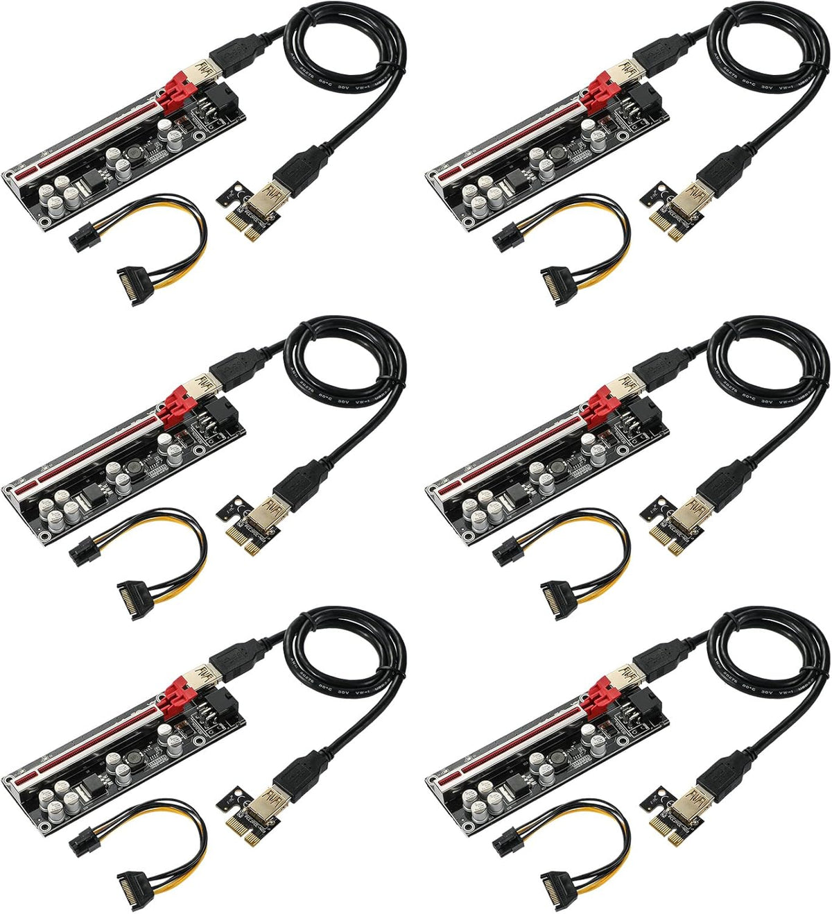 Red 6 PCS PCI-E 1X to 16X Riser Card with 6PIN SATA Power Cable C37774
