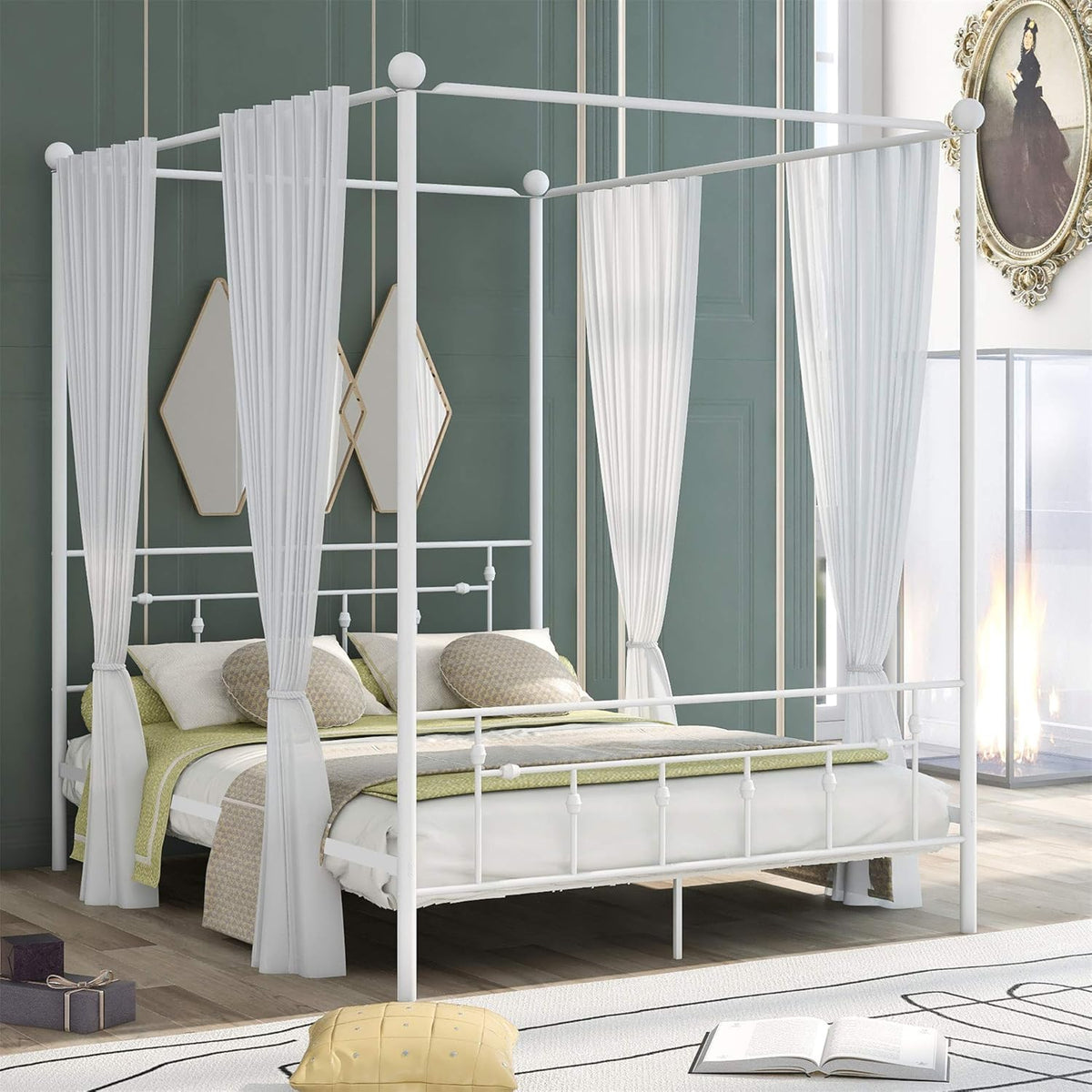 Queen Size White Metal Canopy Bed with Headboard O170961