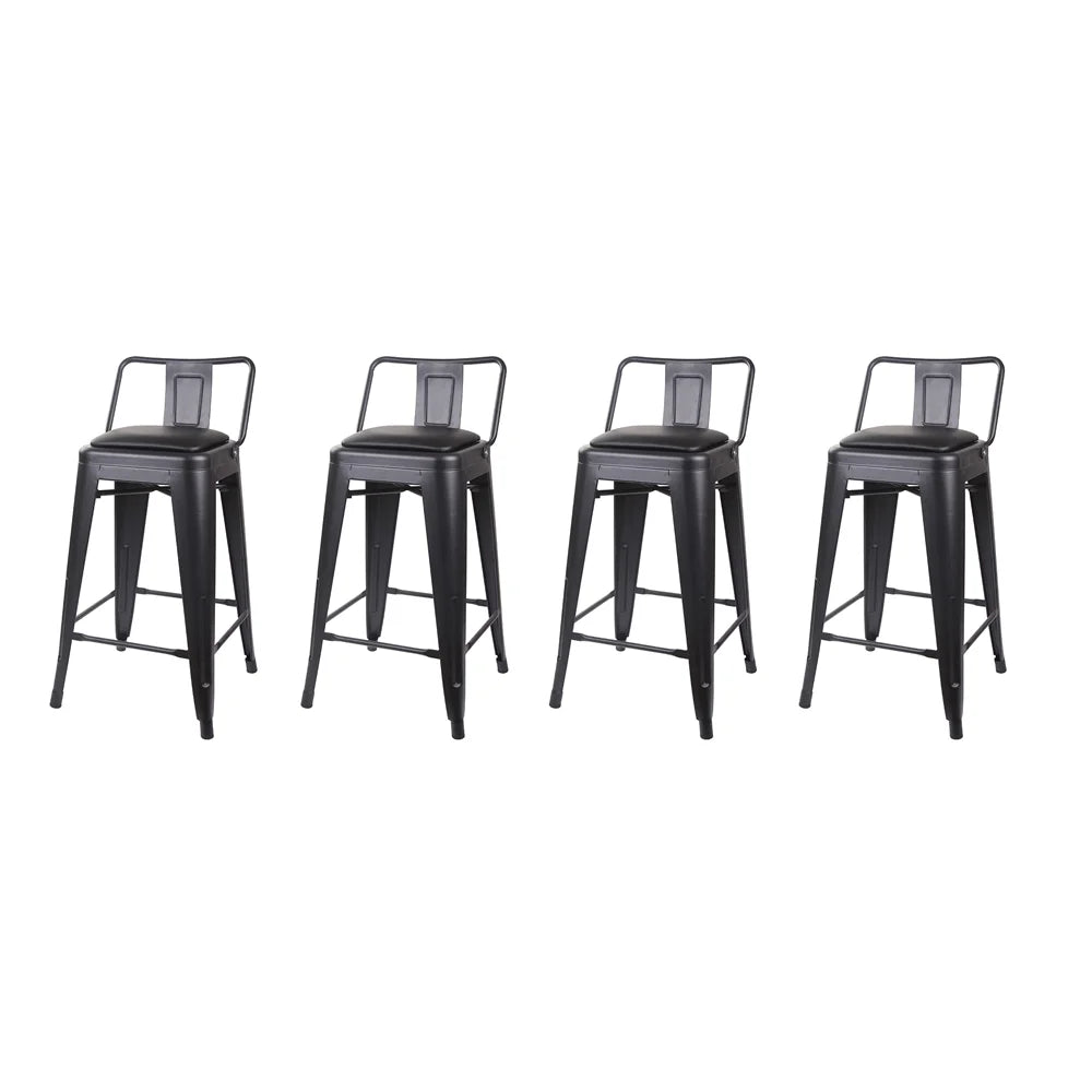 Black 24 inch Low Back Metal Barstool with Vegan Leather Seat, Set of 4 L520