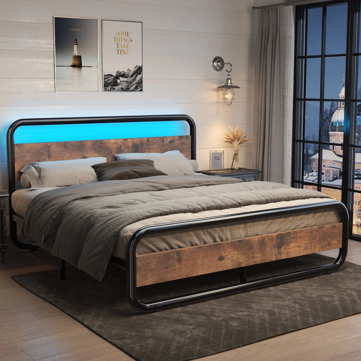 King Size LED Headboard Metal Platform Bed Frame B8530
