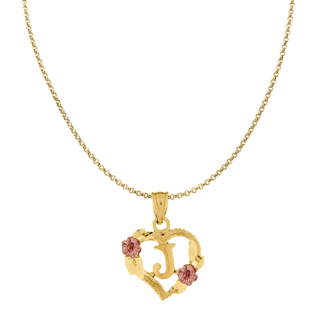 14K Two-Tone Gold Flower and Heart-Shaped Initial Pendant with 16" Chain Necklace Z6718
