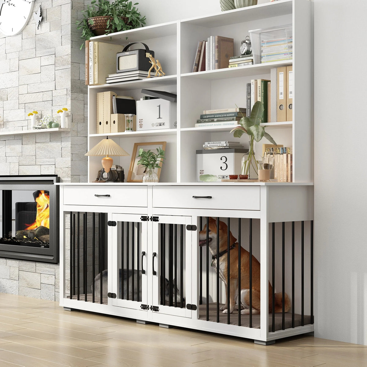 White Home Office Desk with Built-In Dog Crate F8392