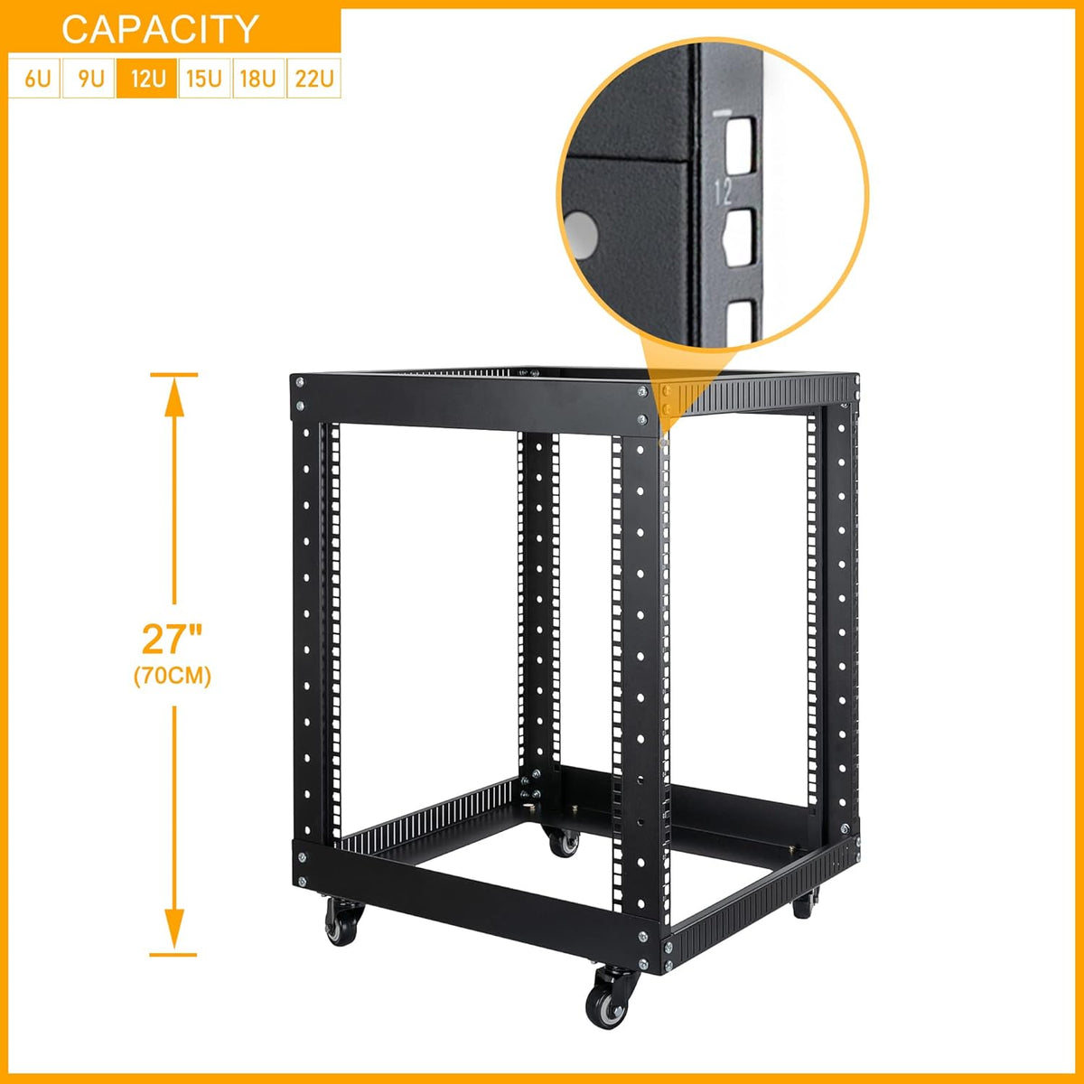 12U Open Frame Server Rack with Casters, 4 Post, 19-inch, Black Y97864