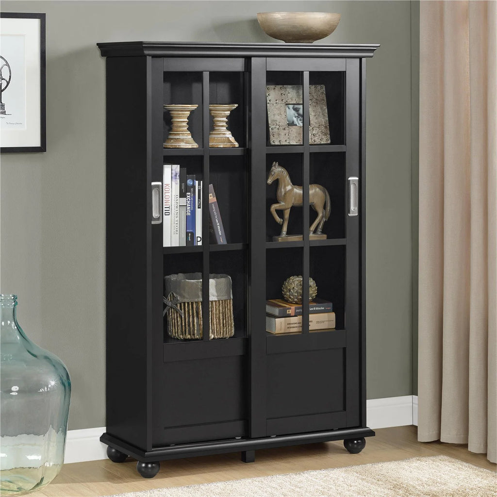 Black Bookcase with Sliding Glass Doors B426