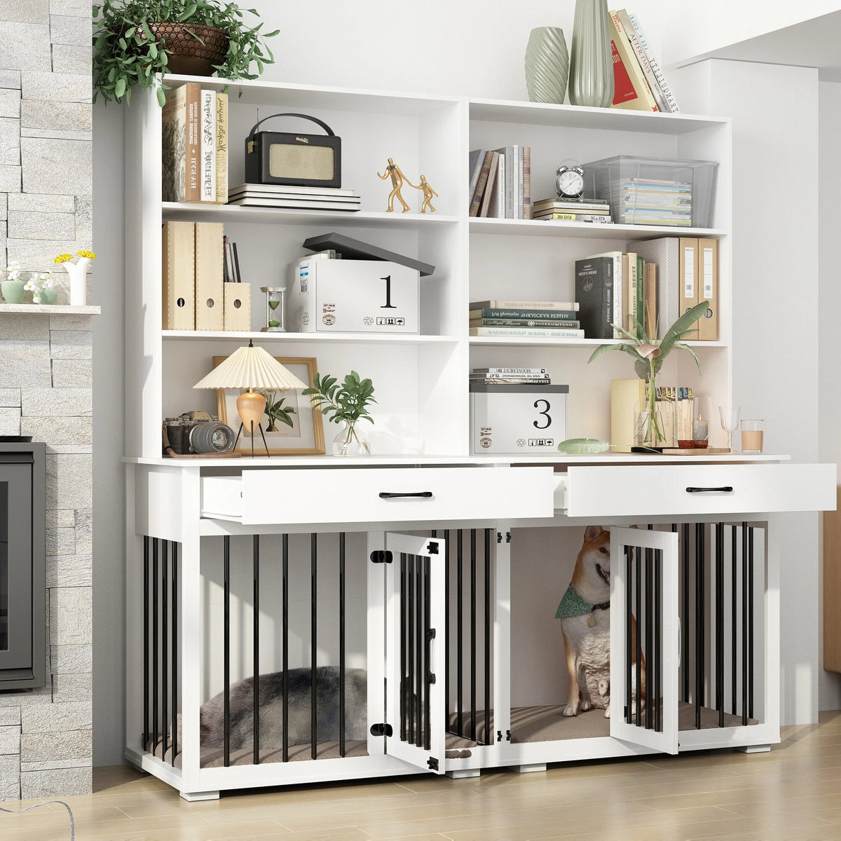 White Home Office Desk with Built-In Dog Crate F8392