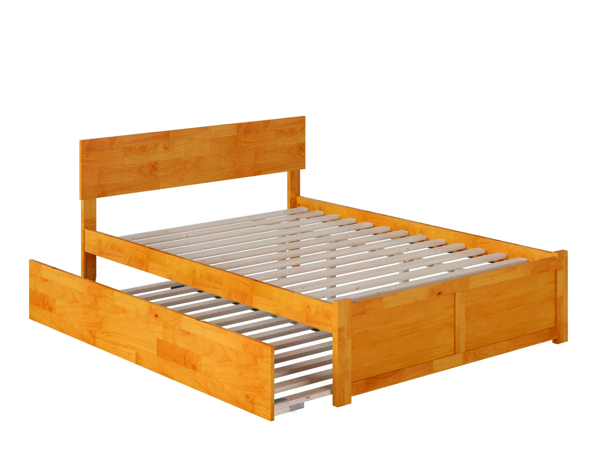 Caramel Solid Wood Platform Bed with Footboard and Twin Trundle C5398