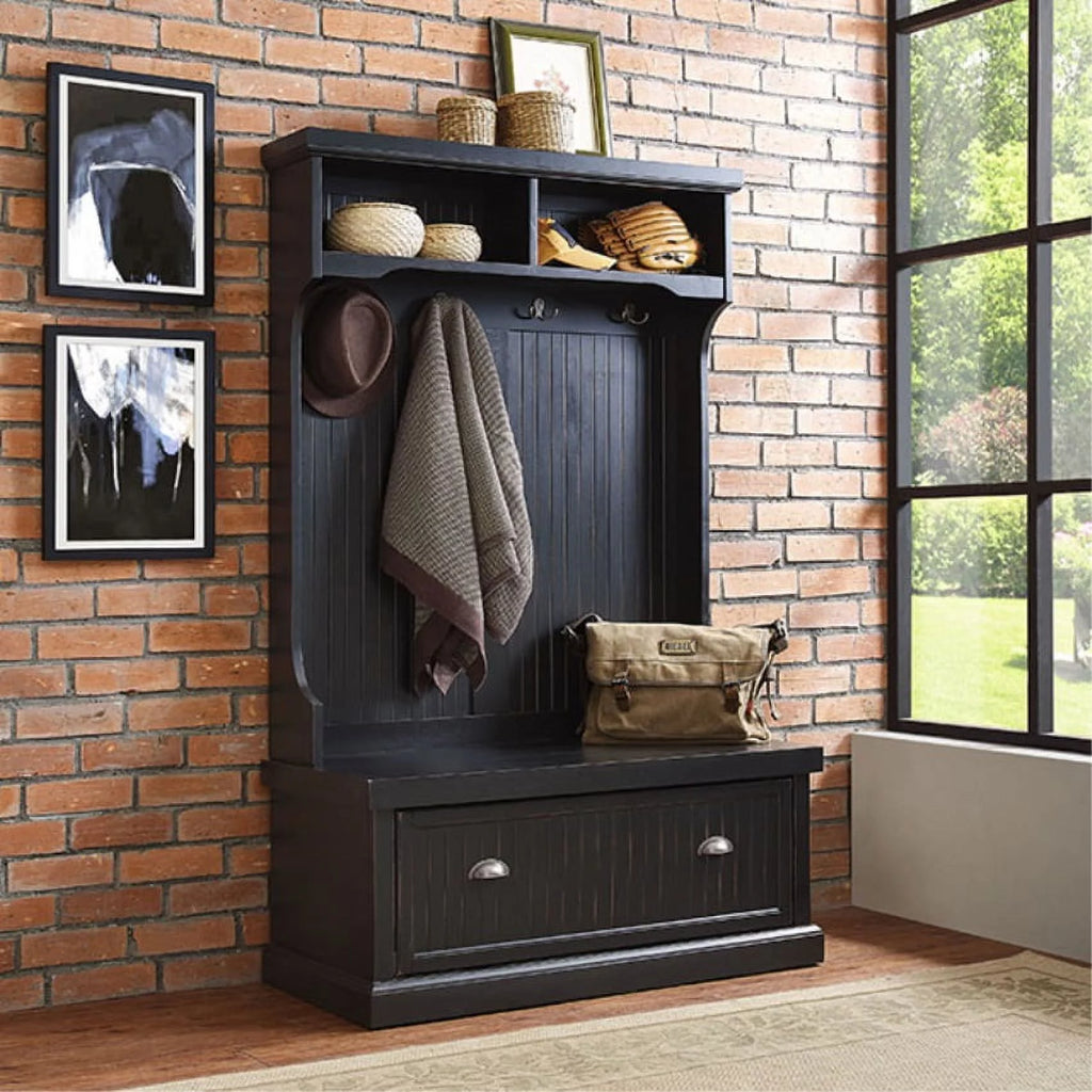 Distressed Black Wood Hall Tree V401477