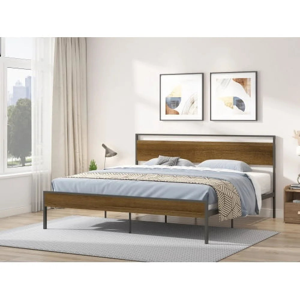 Black King Metal Bed with Wood Headboard and Footboard Z132135