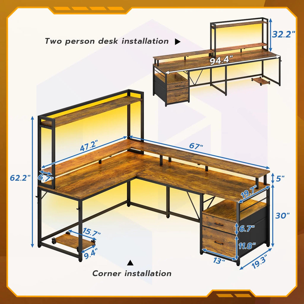 L Shaped Desk with LED Light and File Drawer M5384