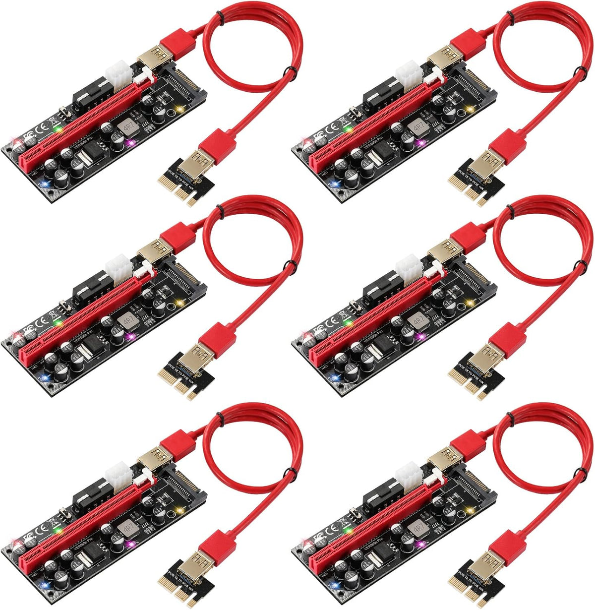 Red 6 PCS PCI-E 1X to 16X Riser Card with 6PIN SATA Power Cable C37774