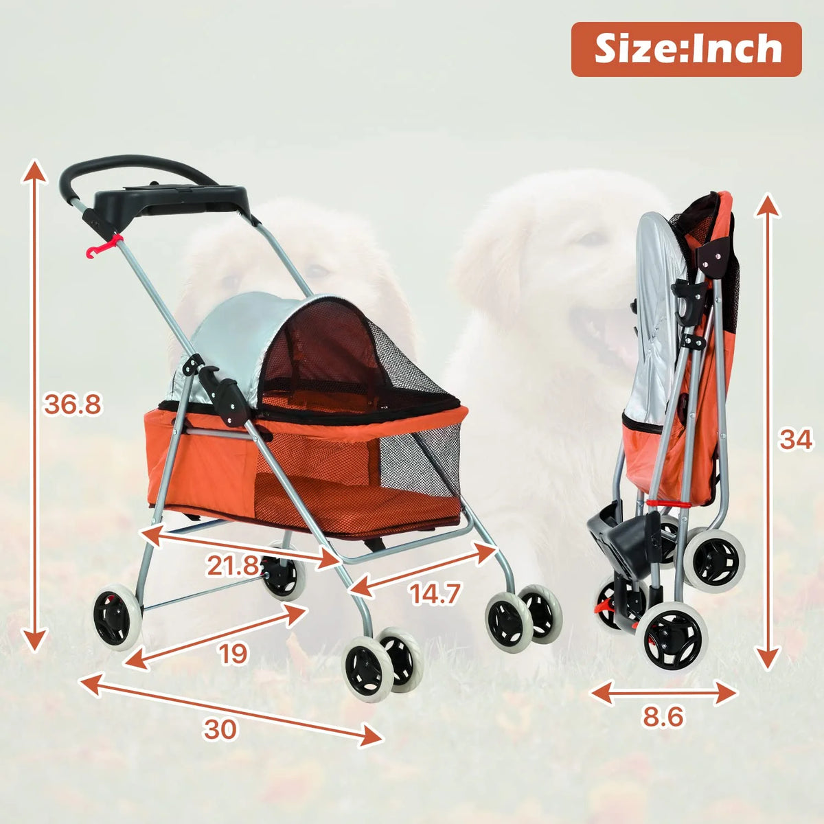 Orange Folding Dog Stroller with 4 Wheels L3416