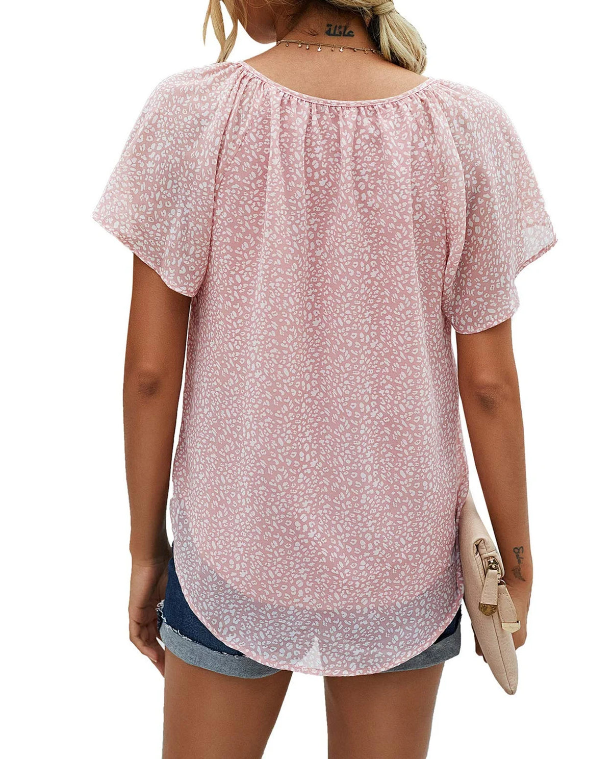 Floral Print V Neck Ruffle Short Sleeve Shirts P584