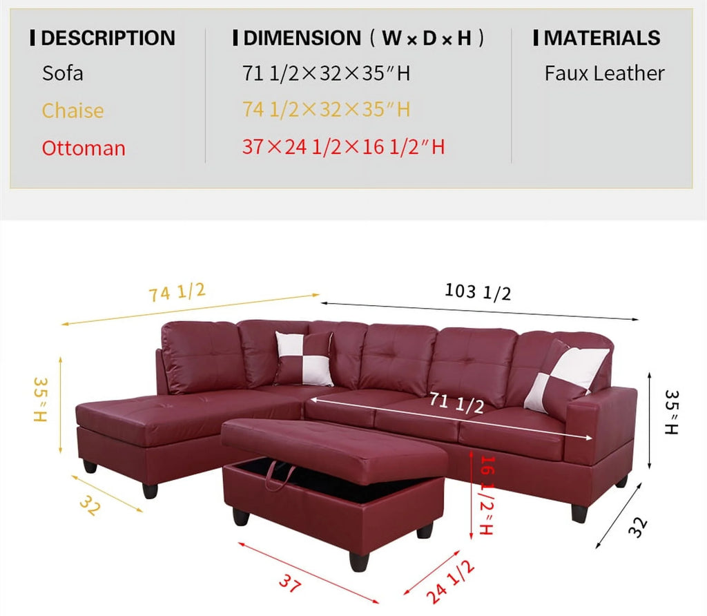 Red Faux Leather Sofa & Chaise with Ottoman A554
