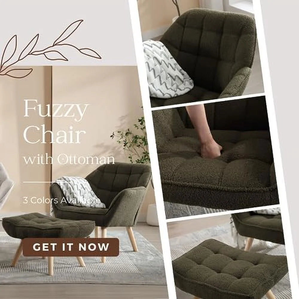 Small 2-Seat Green Sherpa Loveseat with Wood Legs Y9097