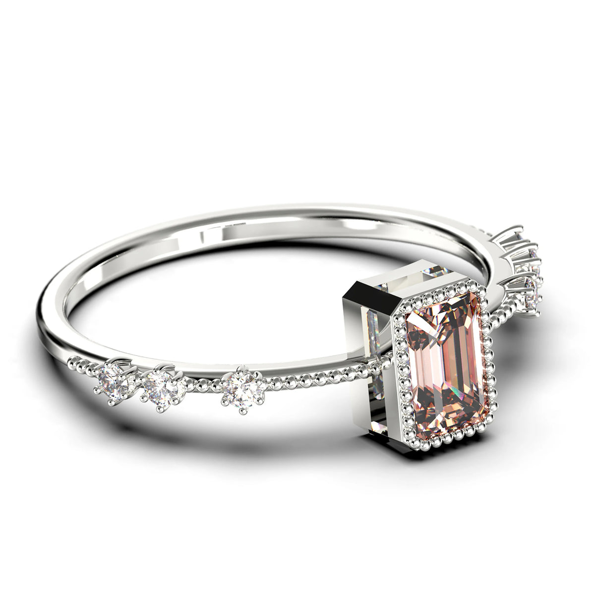 1.25 Carat Emerald Cut Morganite And Diamond Moissanite Thin Engagement Ring in 925 Sterling Silver With 18k White Gold Plating K676137