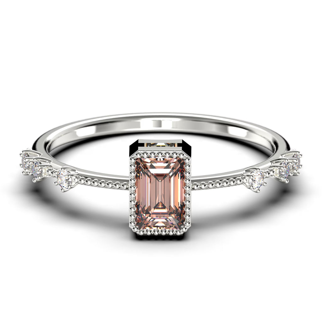 1.25 Carat Emerald Cut Morganite And Diamond Moissanite Thin Engagement Ring in 925 Sterling Silver With 18k White Gold Plating K676137
