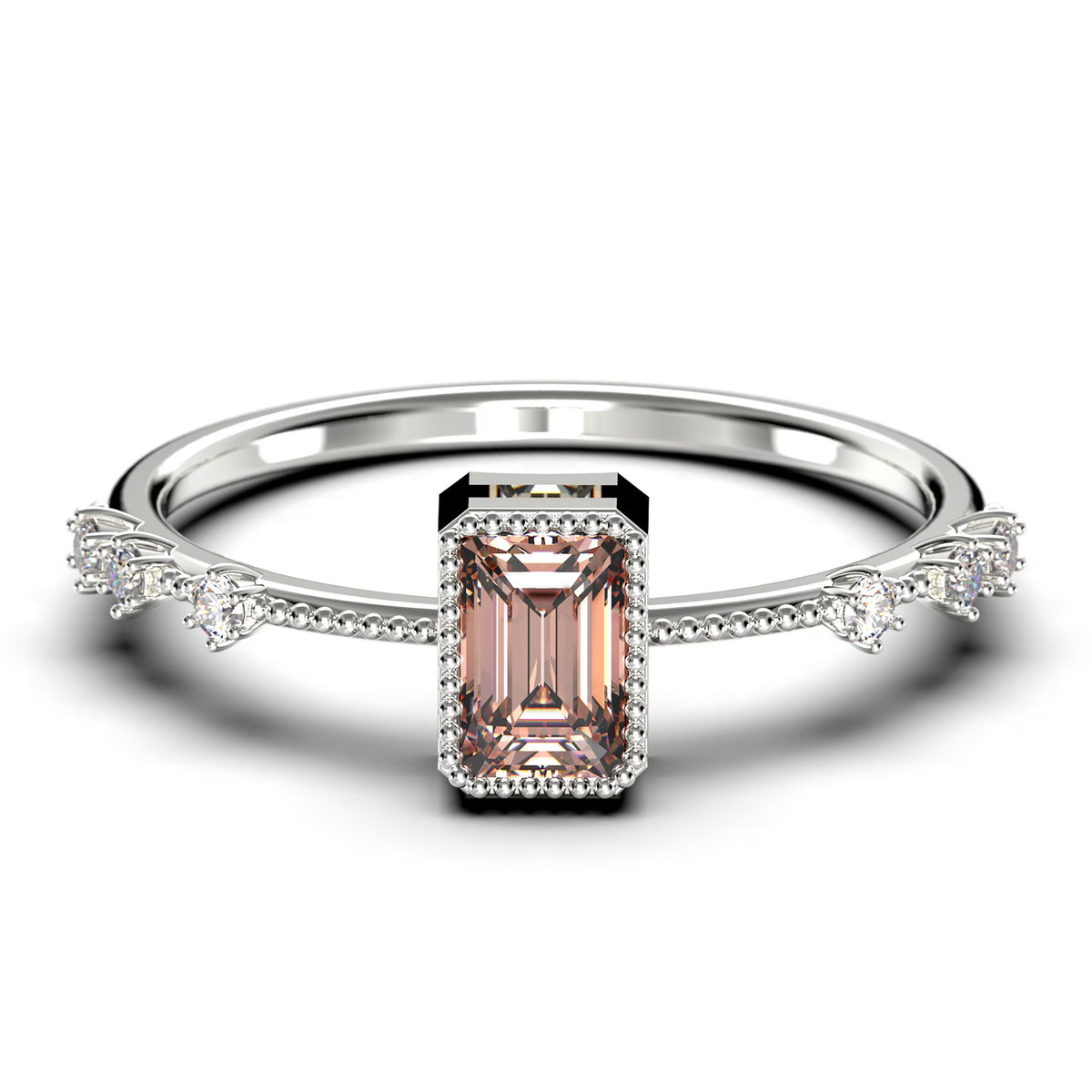 1.25 Carat Emerald Cut Morganite And Diamond Moissanite Thin Engagement Ring in 925 Sterling Silver With 18k White Gold Plating K676137