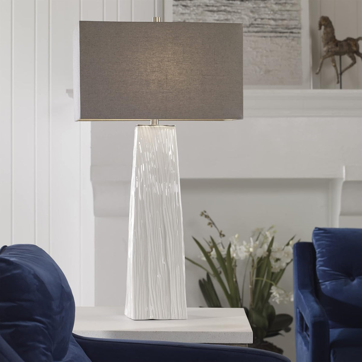 1 Light Table Lamp Gloss White Brushed Nickel Gray Linen Shade E97947