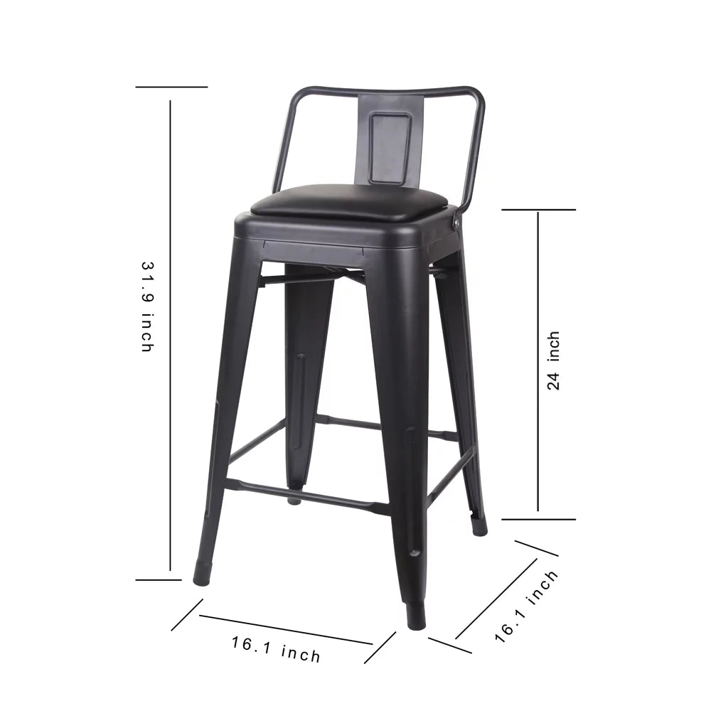 Black 24 inch Low Back Metal Barstool with Vegan Leather Seat, Set of 4 L520