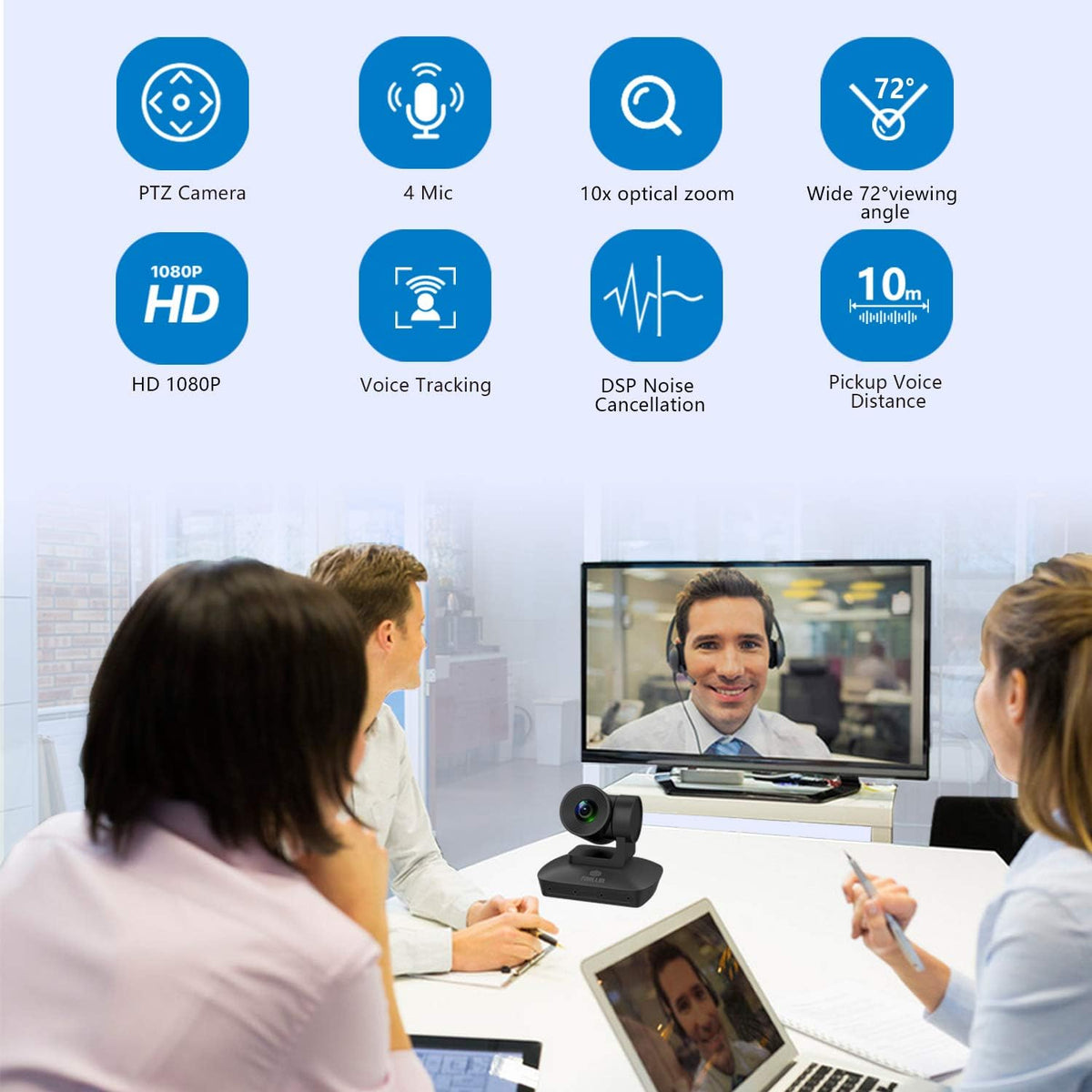 1080P PTZ Conference Room Camera with 4 Microphones Array, 10X Optical Zoom USB Webcam N7991