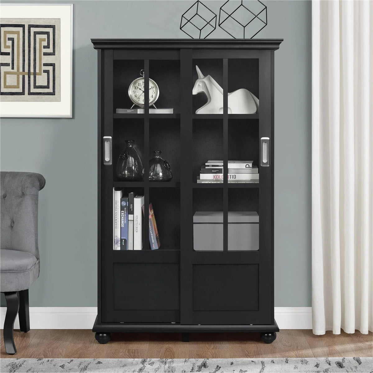 Black Bookcase with Sliding Glass Doors B426
