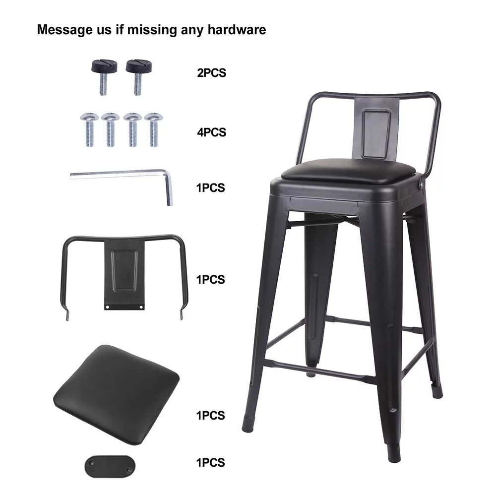Black 24 inch Low Back Metal Barstool with Vegan Leather Seat, Set of 4 L520