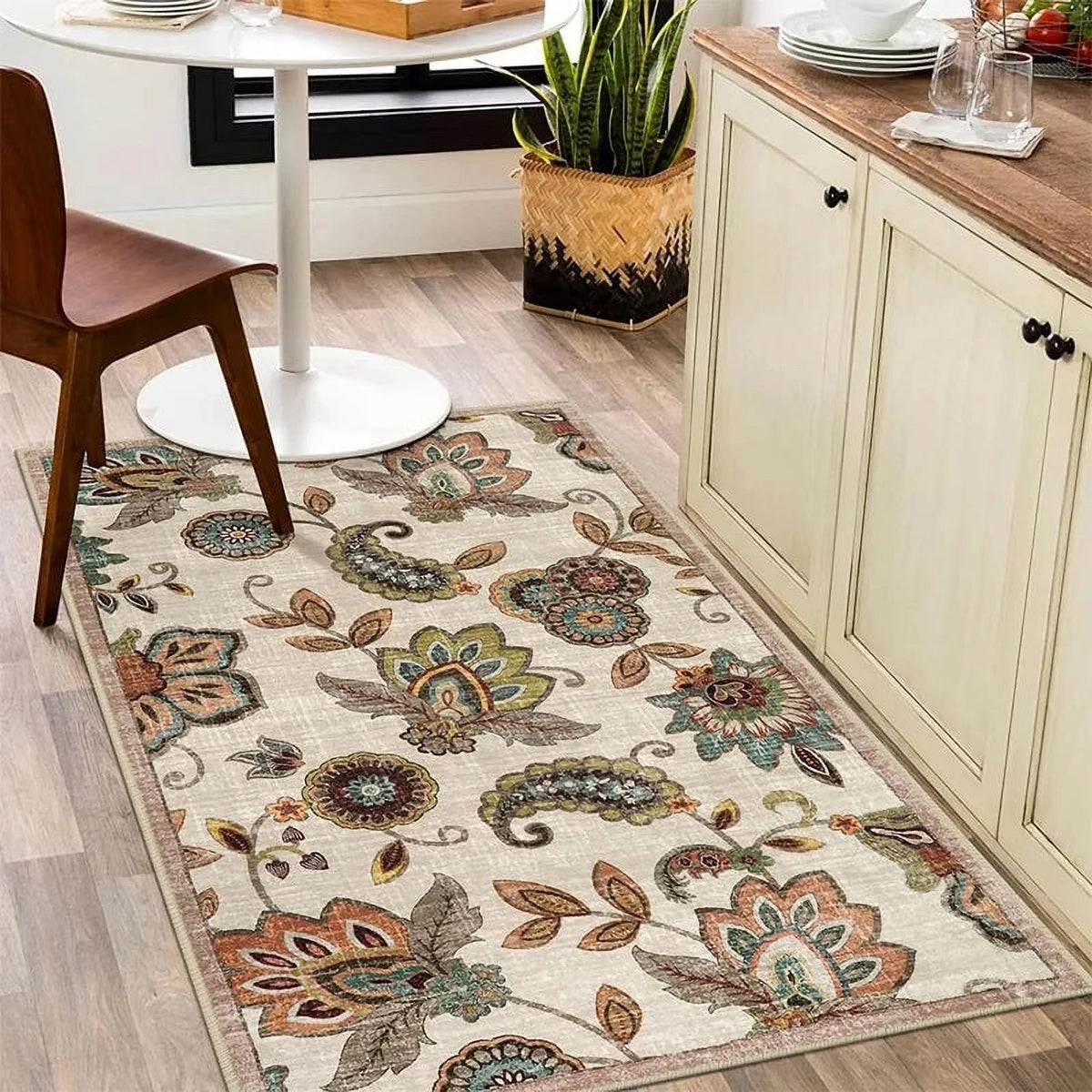 Vintage Flower Area Rug Machine Washable R96612