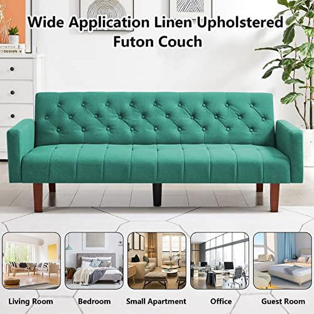 Linen Upholstered Futon Sofa Bed 74" Tufted 3 Seater Beige J17853
