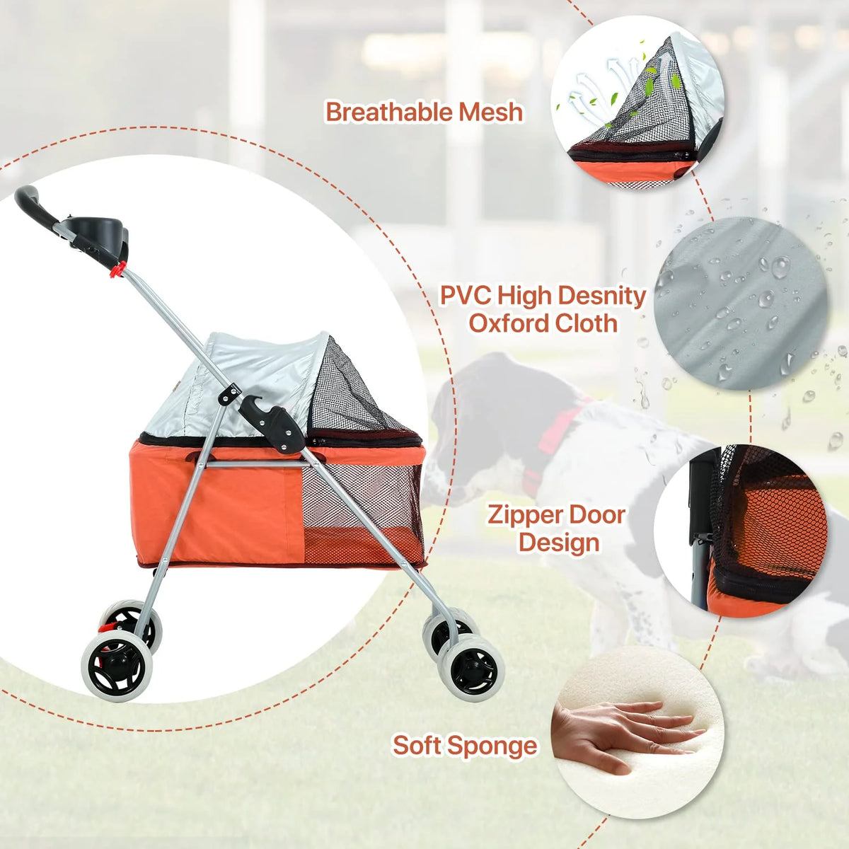 Orange Folding Dog Stroller with 4 Wheels L3416