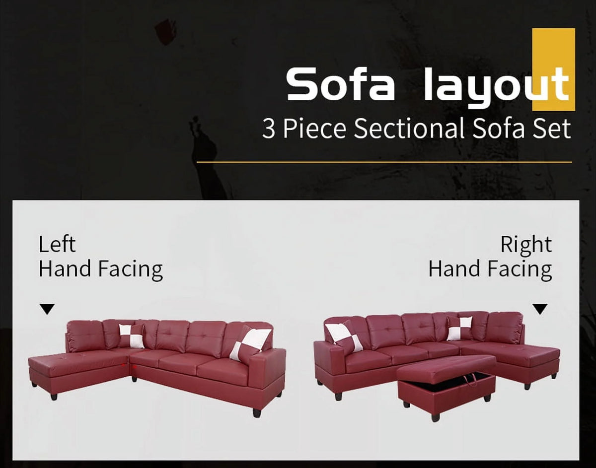 Red Faux Leather Sofa & Chaise with Ottoman A554