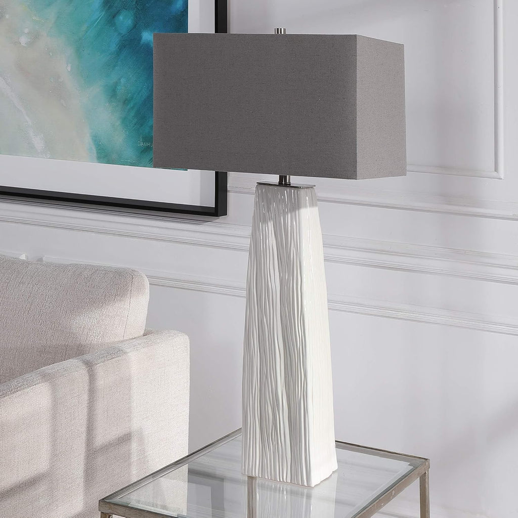 1 Light Table Lamp Gloss White Brushed Nickel Gray Linen Shade E97947