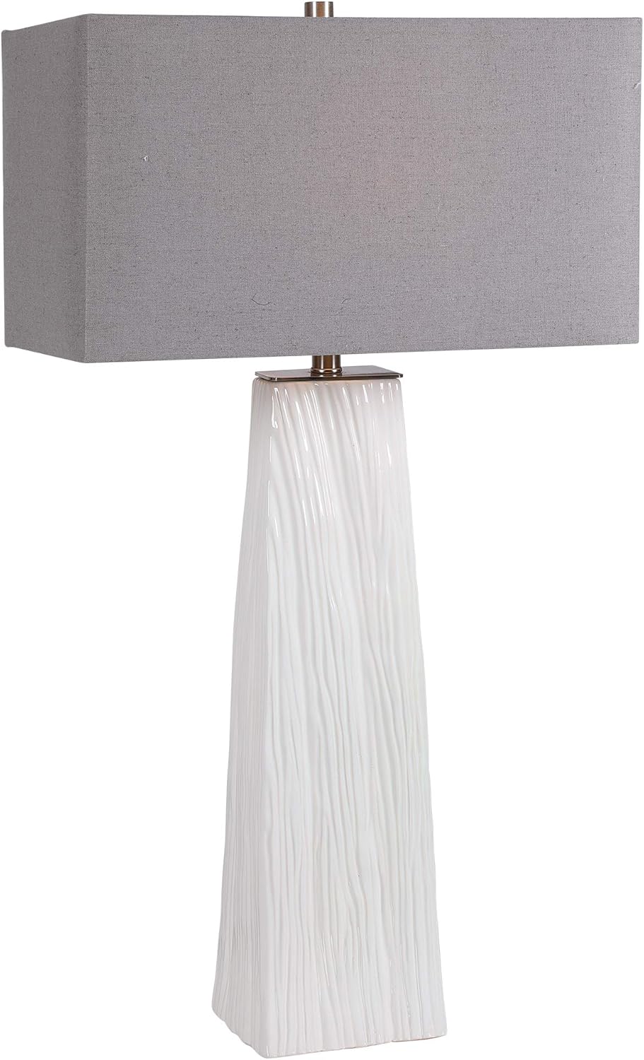 1 Light Table Lamp Gloss White Brushed Nickel Gray Linen Shade E97947