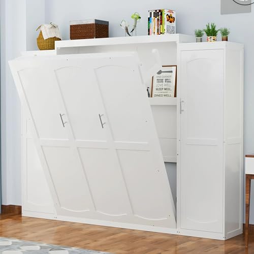 White Queen Size Foldable Platform Bed with 2 Wardrobe and Storage Shelf T28273