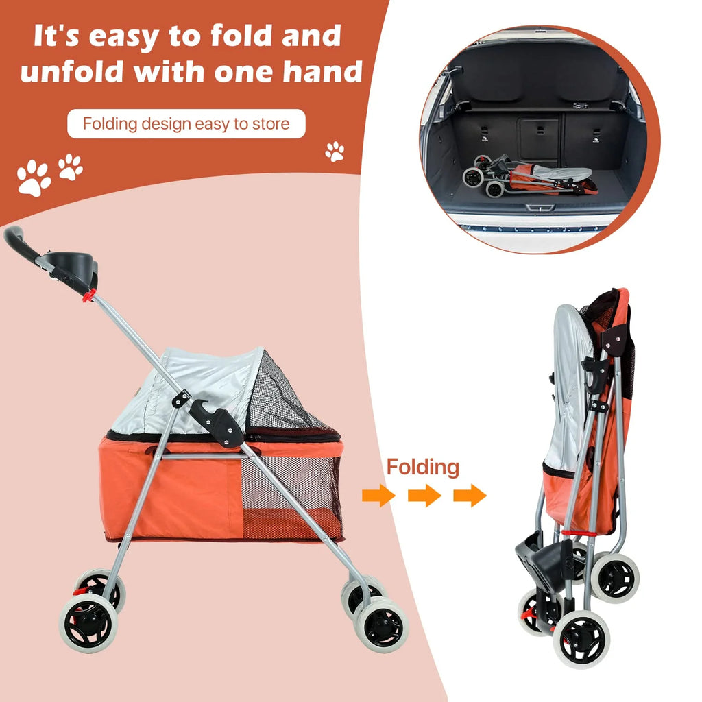 Orange Folding Dog Stroller with 4 Wheels L3416