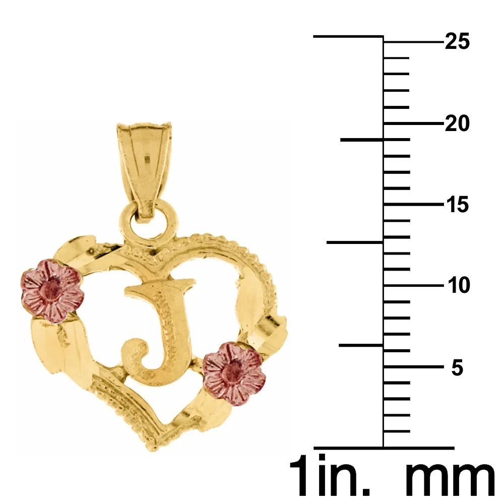 14K Two-Tone Gold Flower and Heart-Shaped Initial Pendant with 16" Chain Necklace Z6718