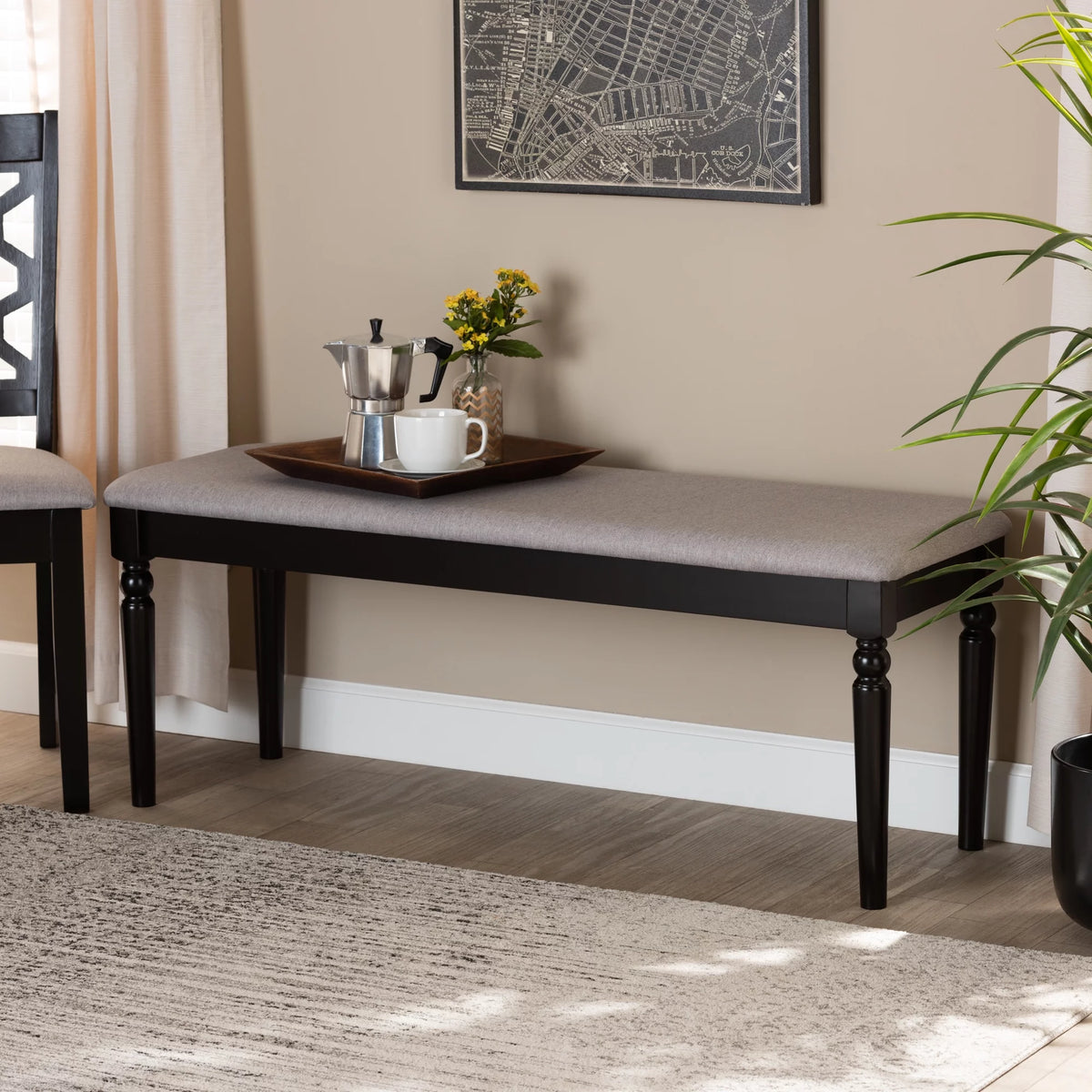Grey Fabric Upholstered Dark Brown Wood Dining Bench C71024