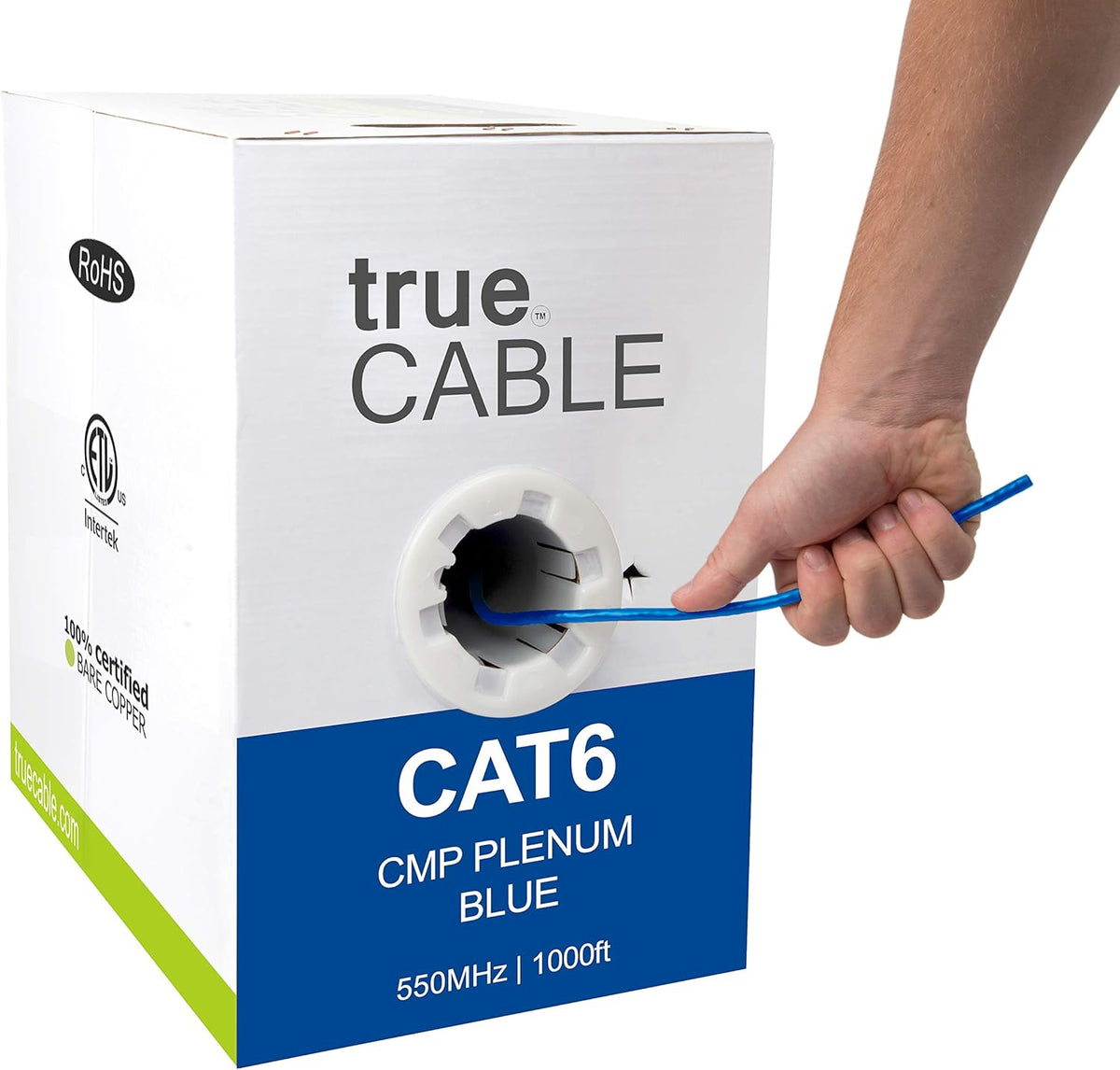 Cat6 Plenum 1000ft Blue 23AWG 4 Pair Solid Bare Copper 550MHz UTP Bulk Ethernet Cable G50896