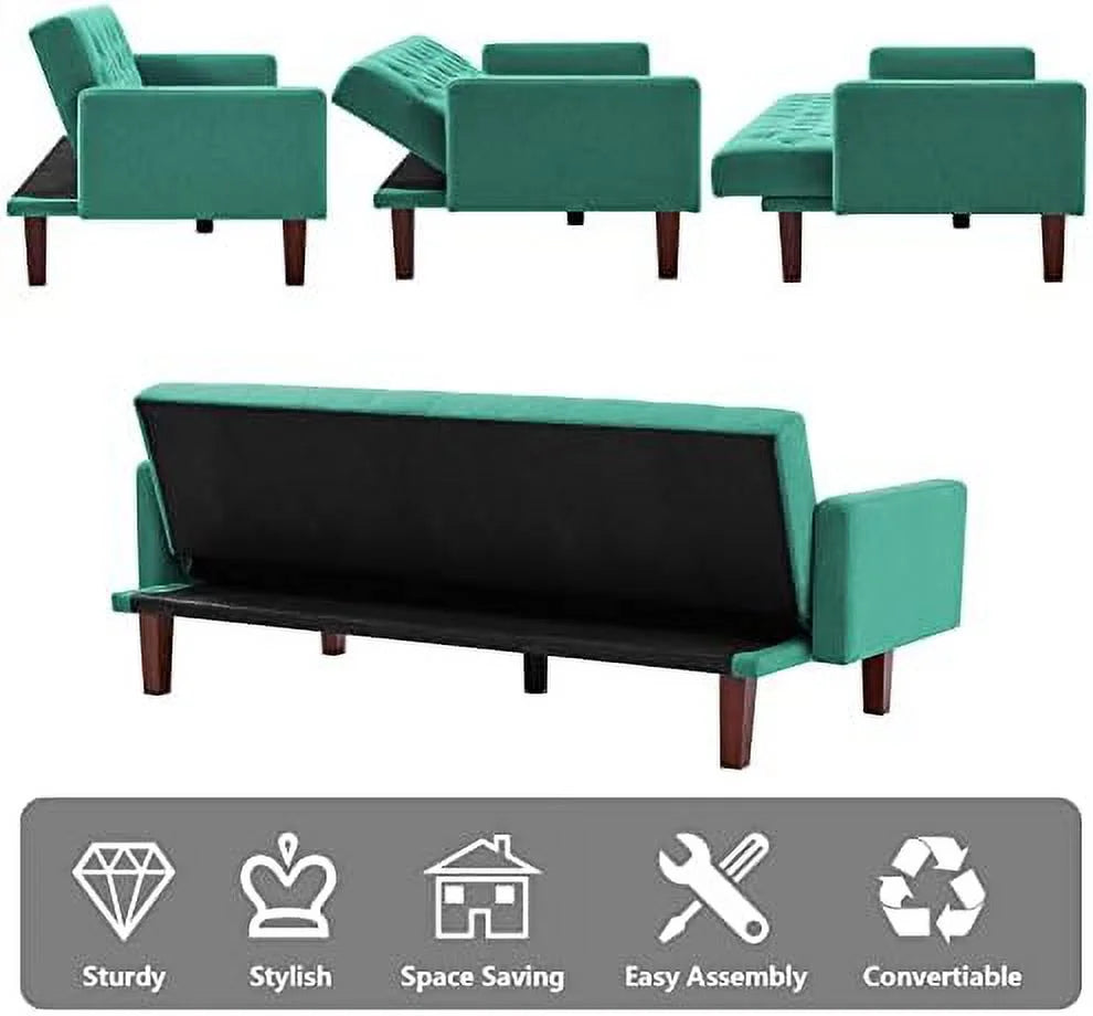 Linen Upholstered Futon Sofa Bed 74" Tufted 3 Seater Beige J17853