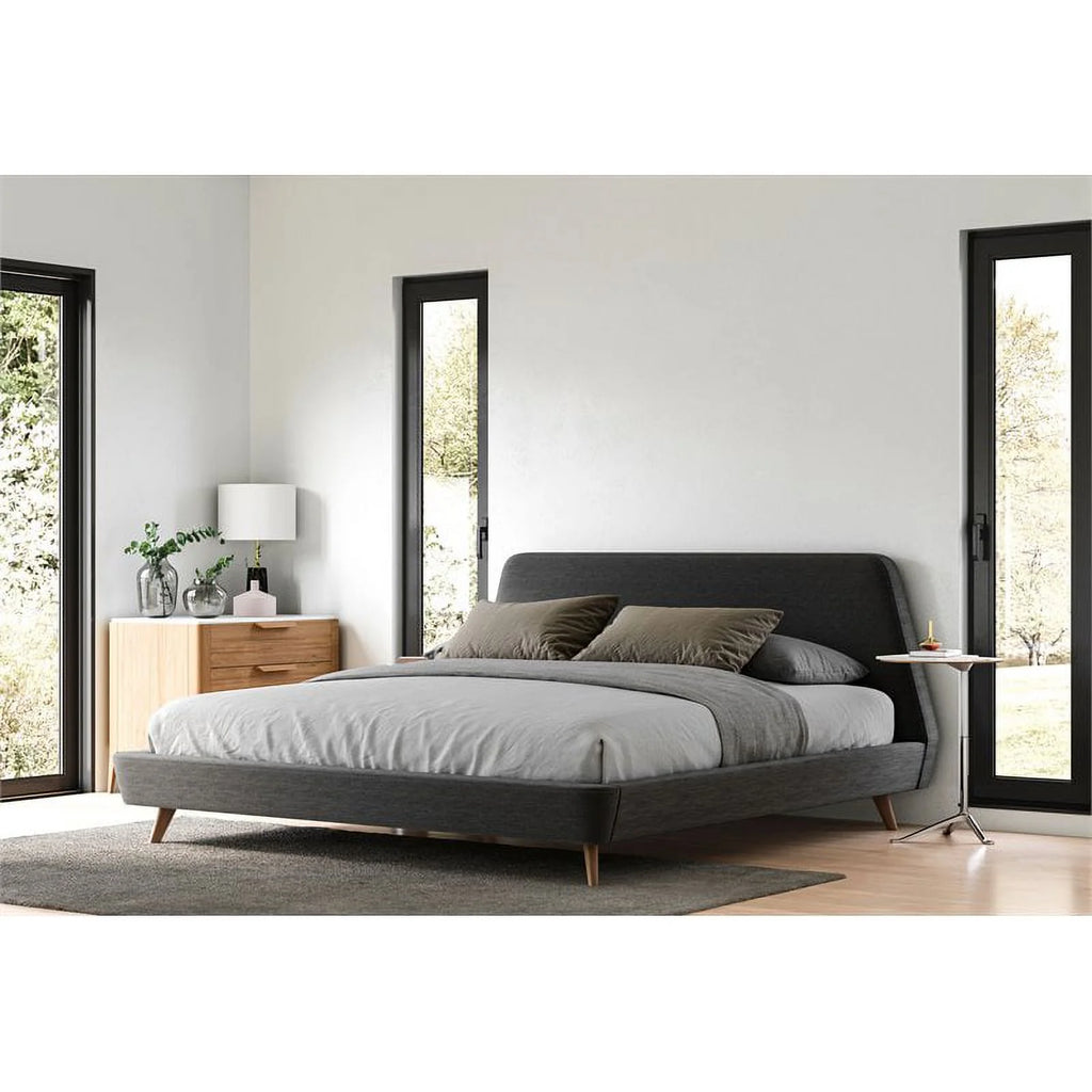 King Wood and Fabric Upholstered Platform Bed Dark Gray C35668