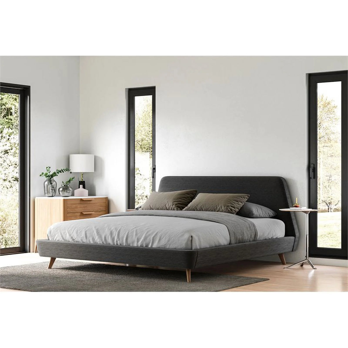 King Wood and Fabric Upholstered Platform Bed Dark Gray C35668