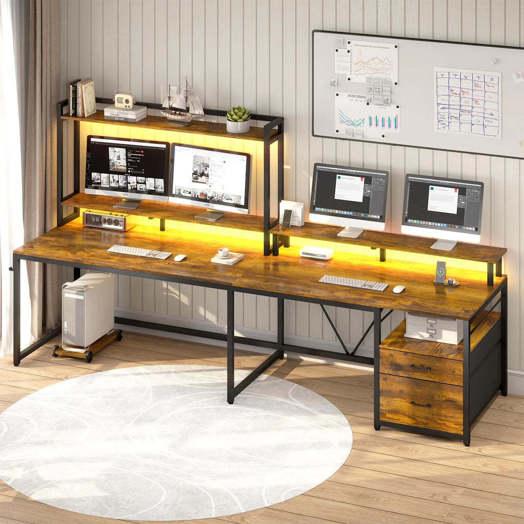 L Shaped Desk with LED Light and File Drawer M5384