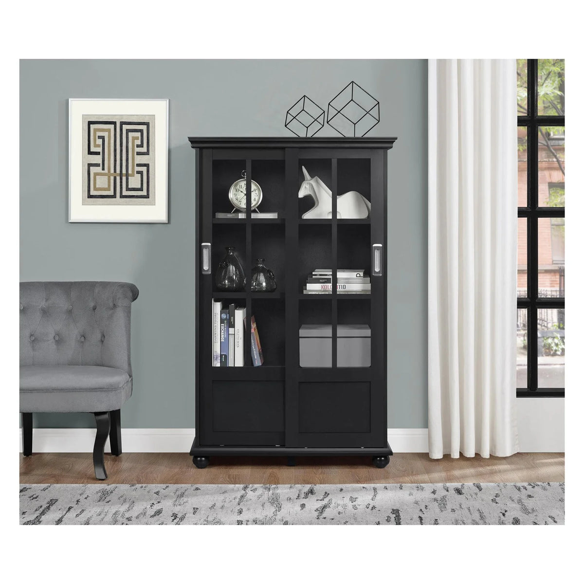 Black Bookcase with Sliding Glass Doors B426