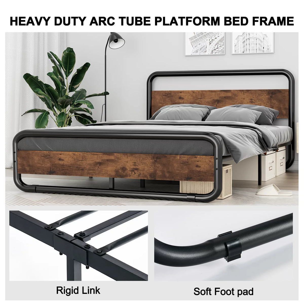 King Size LED Headboard Metal Platform Bed Frame B8530