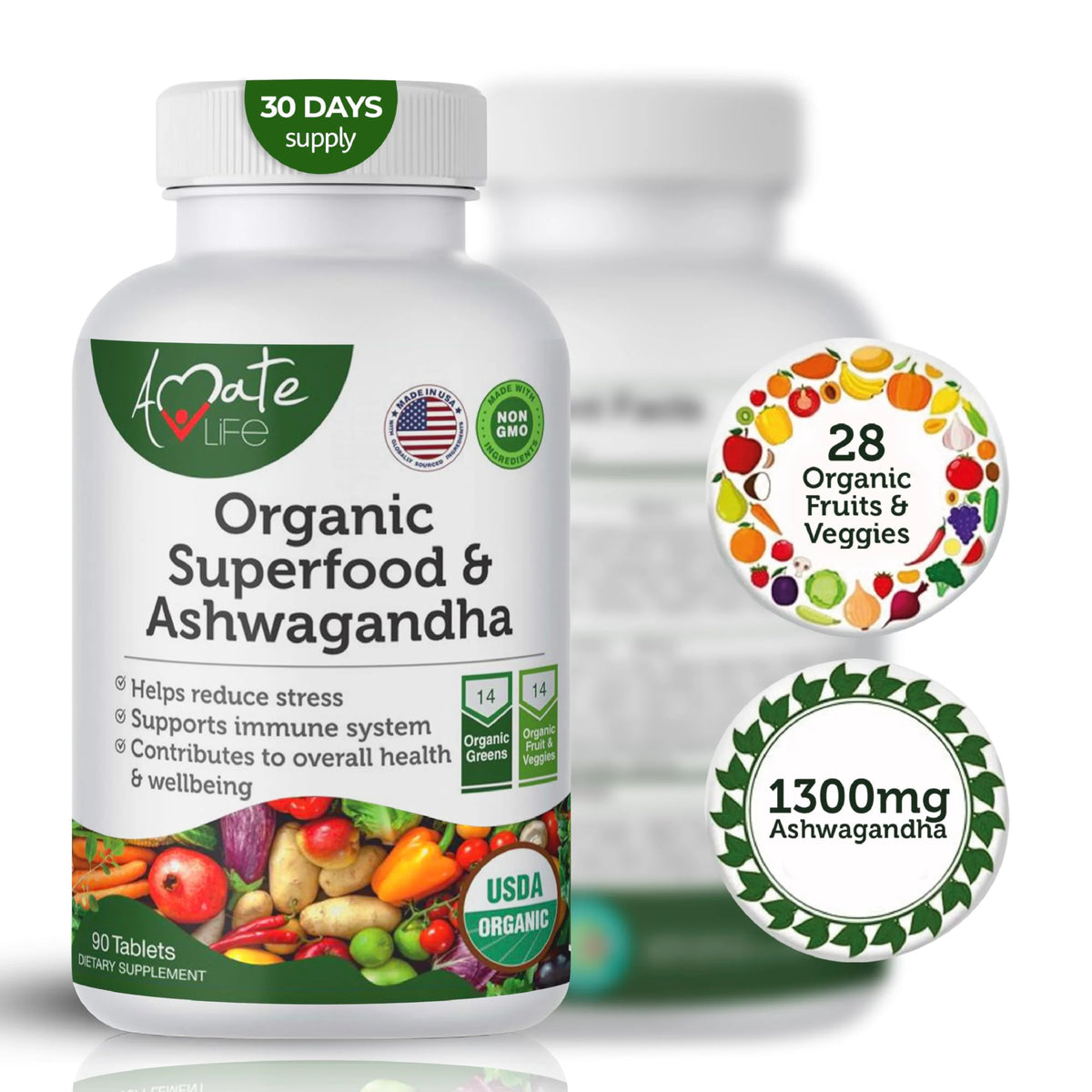 Organic Greens Fruits and Veggies Supplement with Ashwagandha 90 Tablets J1193