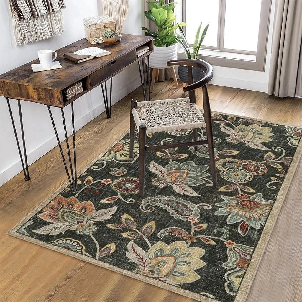 Vintage Flower Area Rug Machine Washable R96612