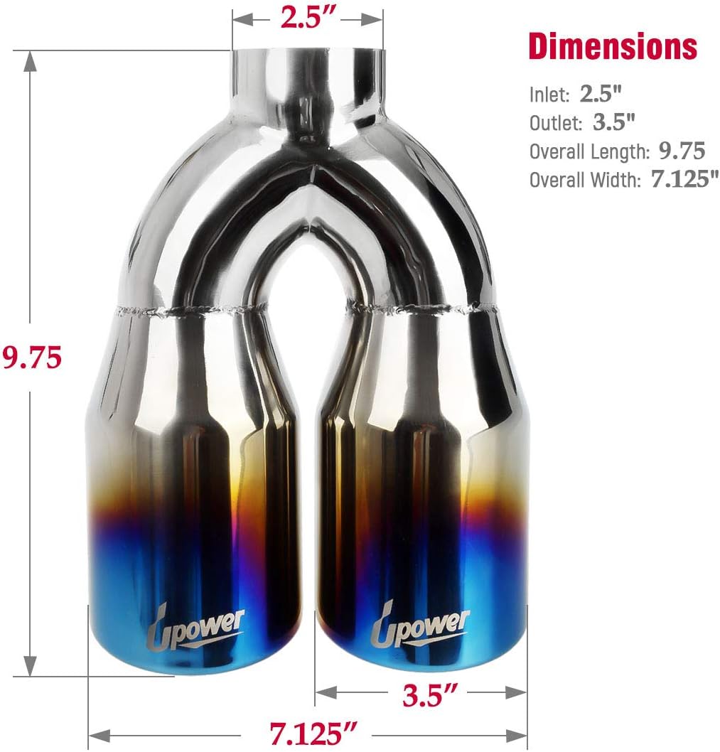 2.5 Inch Inlet 3.5 Inch Outlet Dual Exhaust Tips Stainless Steel Polished Blue Pack of 2 V8744